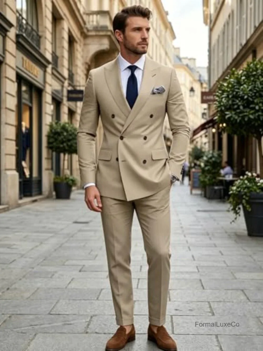 Men's Slim Fit 2-Piece Double Breasted Suit Set, 80% Polyester 20% Viscose,